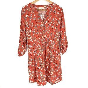 LOFT Dress Size Small Womens Coral Pink Floral Print 3/4 Tab Sleeve V Neck Cinch